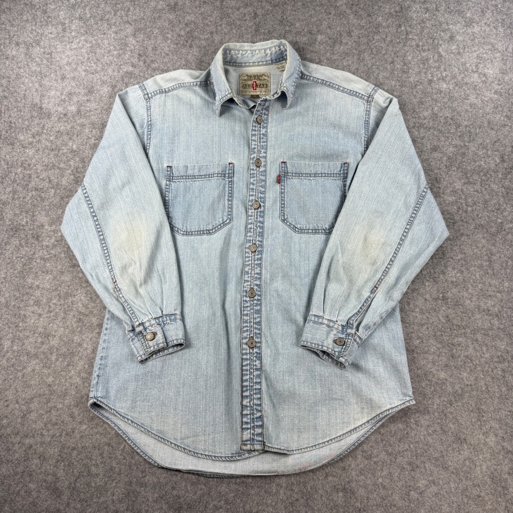 Vintage Levis Red Tab Denim Shirt Mens S Fits M Blue Light Wash Sun Fade Y2K